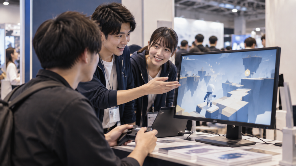 制作したゲームを紹介する学生と、コントローラーで体験する来場者のイメージ（AI生成）