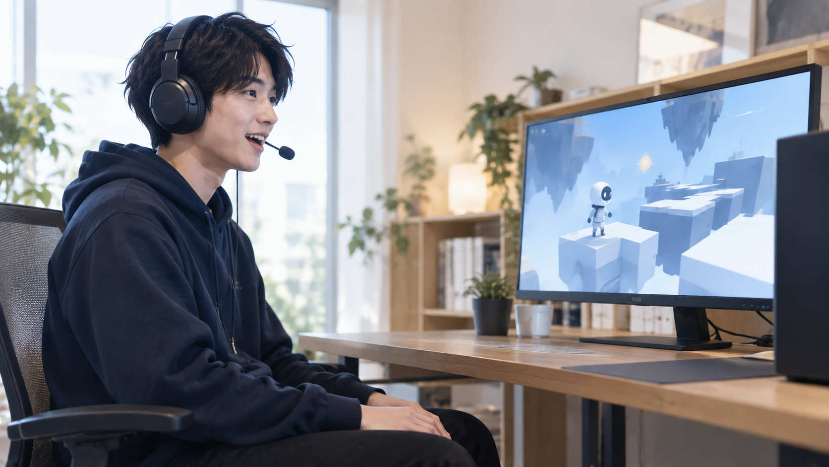 ヘッドセットのマイクに声を出し、ゲームを楽しむ若者のイメージ(AI生成)