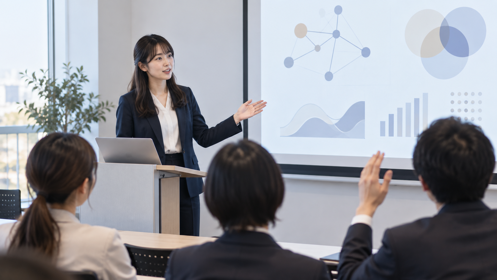 研究発表のスクリーンを示しながら聴衆と質疑応答する大学院生のイメージ(AI生成)