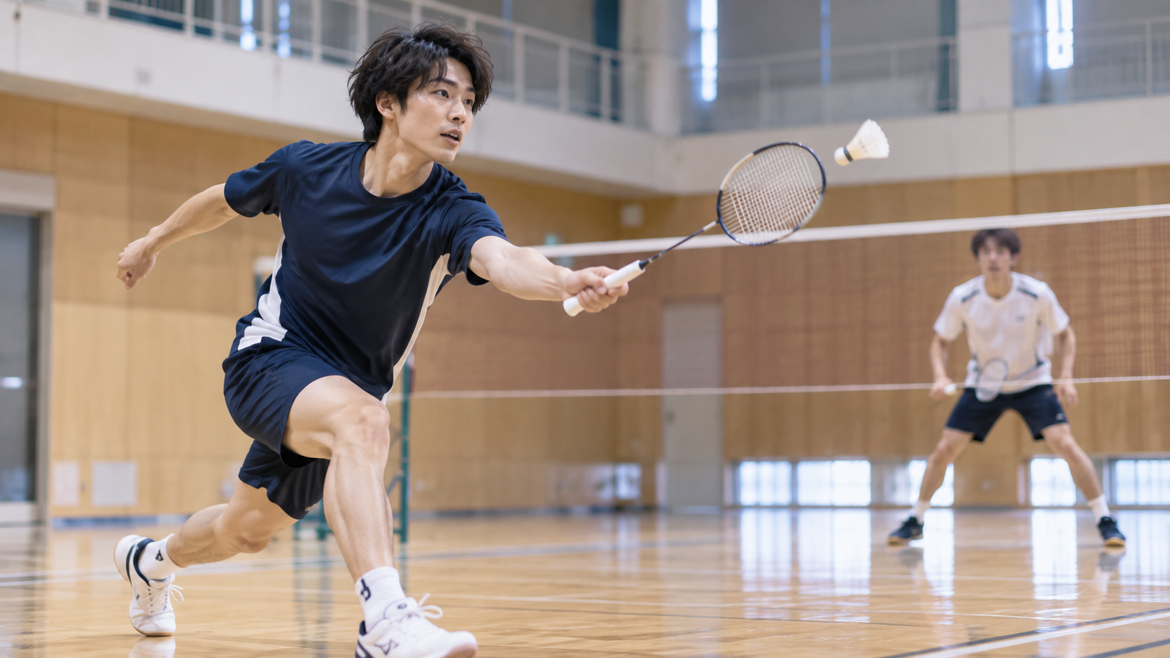 体育館でバドミントンの練習に取り組む学生のイメージ(AI生成)